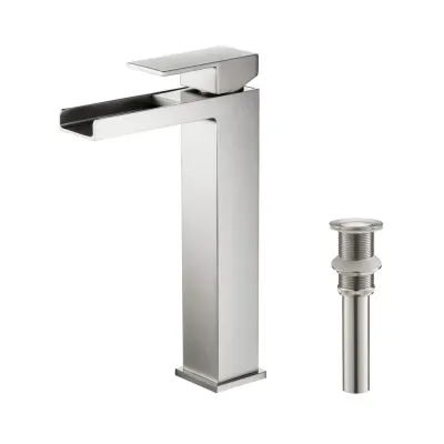 Quadra Waterfall Single Handle Bathroom Vessel Sink Faucet with Pop Up Drain Brushed Nickel - KBCBF-1005BN Quadra Waterfall Single Handle Bathroom Vessel Sink Faucet with Pop Up Drain Brushed Nickel - KBCBF-1005BN