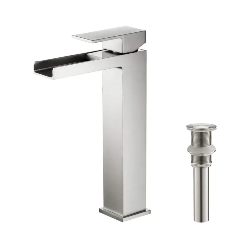 Quadra Waterfall Single Handle Bathroom Vessel Sink Faucet with Pop Up Drain Brushed Nickel - KBCBF-1005BN