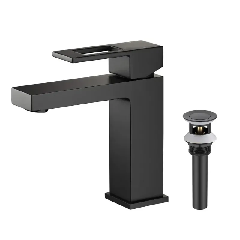 Quadra Single Handle Bathroom Vanity Sink Faucet with Pop Up Drain Matte Black - KBCBF-1002MB
