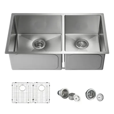 32 3/4" Handcrafted Undermount Double Bowl Stainless Steel Kitchen Sink - KBC1-33DBS