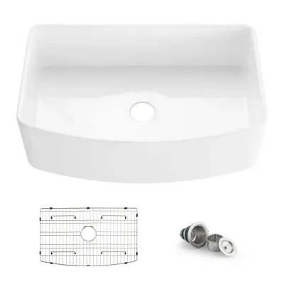 Nova 33" White Curved Apron Front Fireclay Farmhouse Kitchen Sink - KBC2-33SFC