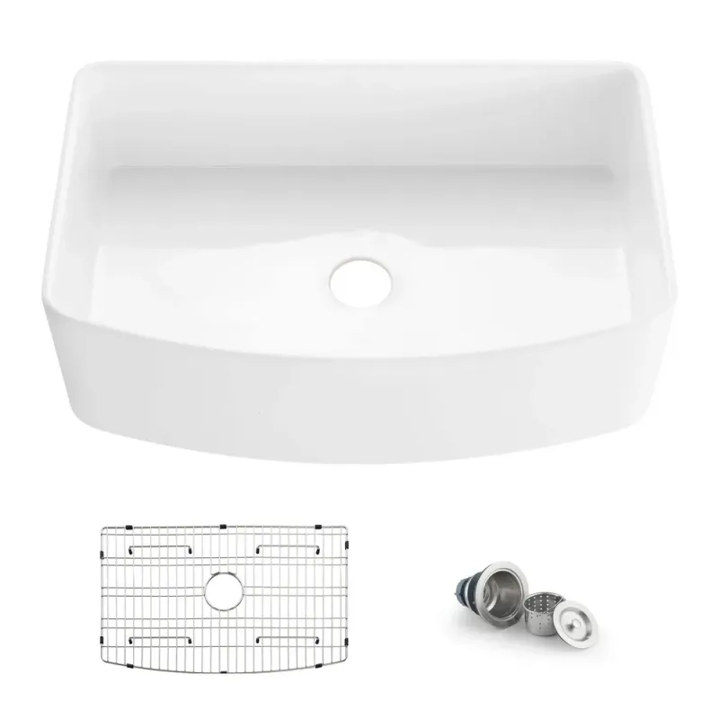 Nova 33" White Curved Apron Front Fireclay Farmhouse Kitchen Sink - KBC2-33SFC