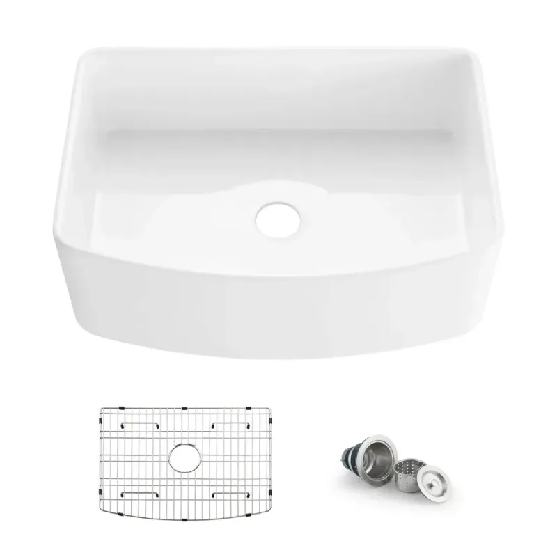 Nova 30" White Curved Apron Front Fireclay Farmhouse Kitchen Sink - KBC2-30SFC