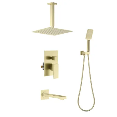 Quadra Pressure Balanced 3-Function Ceiling Mount Shower System with Rough-In Valve Brushed Gold - KBCSF-4013BG