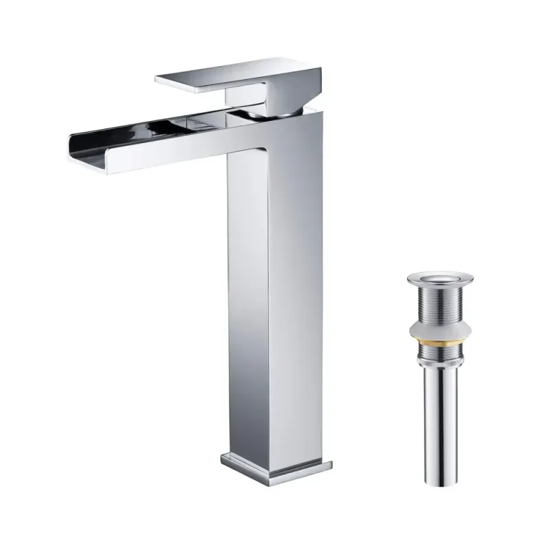 Quadra Waterfall Single Handle Bathroom Vessel Sink Faucet with Pop Up Drain Polished Chrome - KBCBF-1005CH
