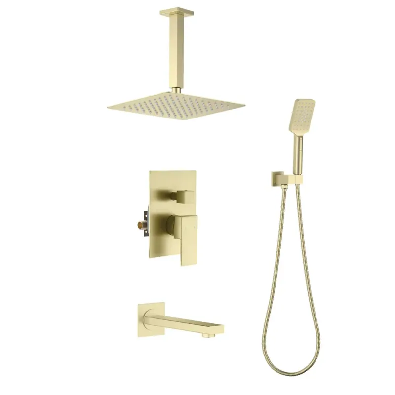 Quadra Pressure Balanced 3-Function Ceiling Mount Shower System with Rough-In Valve Brushed Gold - KBCSF-4013BG