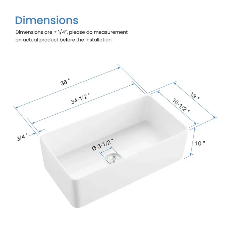 Nova 36" White Fireclay Single Bowl Kitchen Farmhouse Sink - KBC2-36SF