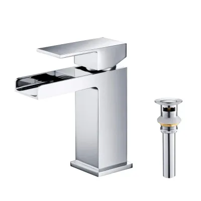 Quadra Waterfall Single Handle Bathroom Vanity Sink Faucet with Pop Up Drain Brushed Nickel - KBCBF-1004CH