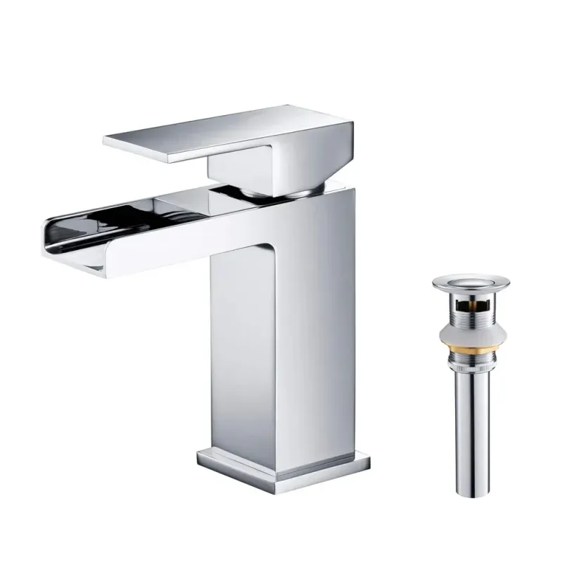 Quadra Waterfall Single Handle Bathroom Vanity Sink Faucet with Pop Up Drain Brushed Nickel - KBCBF-1004CH