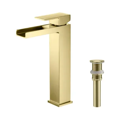 Quadra Waterfall Single Handle Bathroom Vessel Sink Faucet with Pop Up Drain Brushed Gold - KBCBF-1005BG