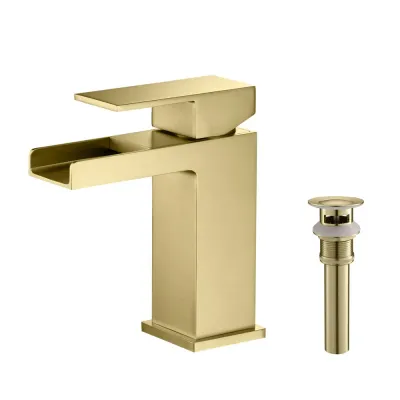 Quadra Waterfall Single Handle Bathroom Vanity Sink Faucet with Pop Up Drain Brushed Gold - KBCBF-1004BG Quadra Waterfall Single Handle Bathroom Vanity Sink Faucet with Pop Up Drain Brushed Gold - KBCBF-1004BG