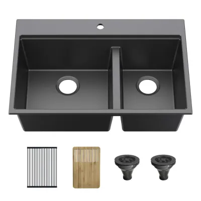 33 33" Black Top-Mount Workstation Double Bowl Quartz Kitchen Sink - KBC4-33TDT