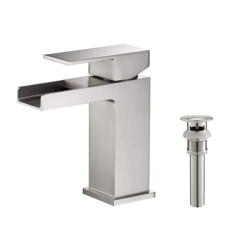 Quadra Waterfall Single Handle Bathroom Vanity Sink Faucet with Pop Up Drain Brushed Nickel - KBCBF-1004BN