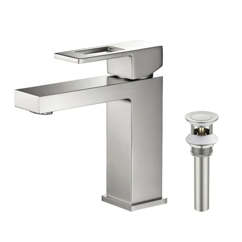 Quadra Single Handle Bathroom Vanity Sink Faucet with Pop Up Drain Brushed Nickel - KBCBF-1002BN