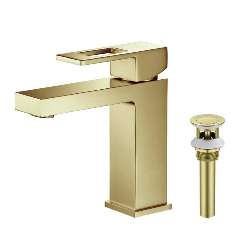 Quadra Single Handle Bathroom Vanity Sink Faucet with Pop Up Drain Brushed Gold - KBCBF-1002BG