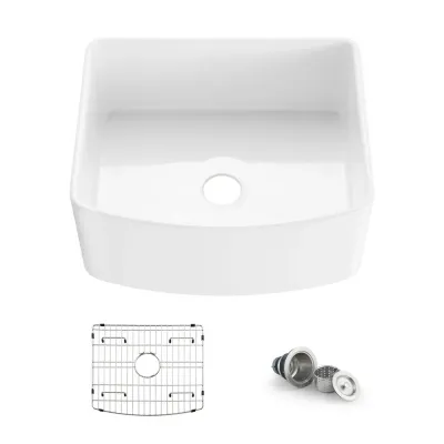 Nova 24" White Curved Apron Front Fireclay Farmhouse Kitchen Sink - KBC2-24SFC
