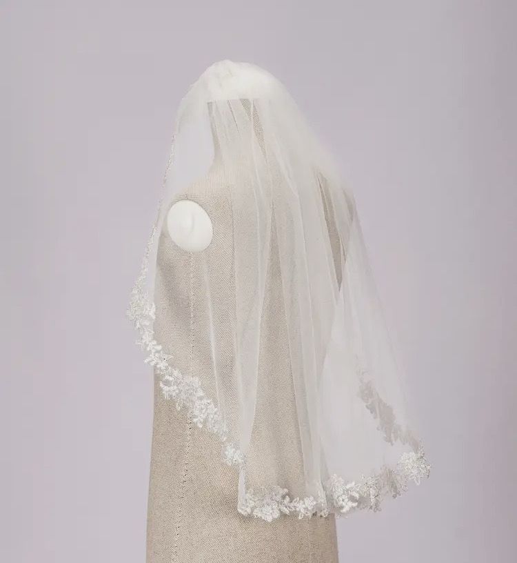 White Communion Veil With Lace Trim
