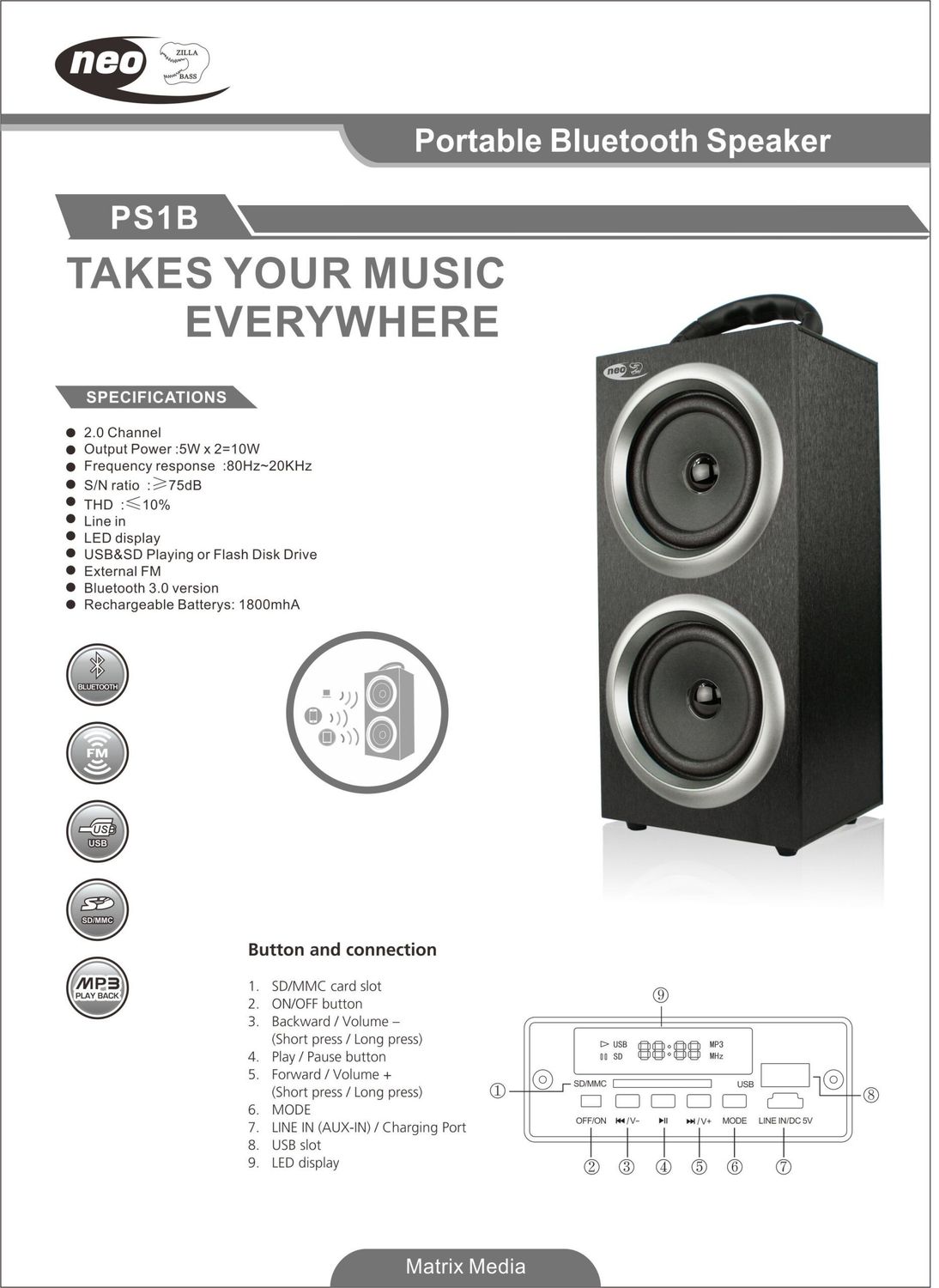 NEO PORTABLE BLUETOOTH SPEAKER SILVER