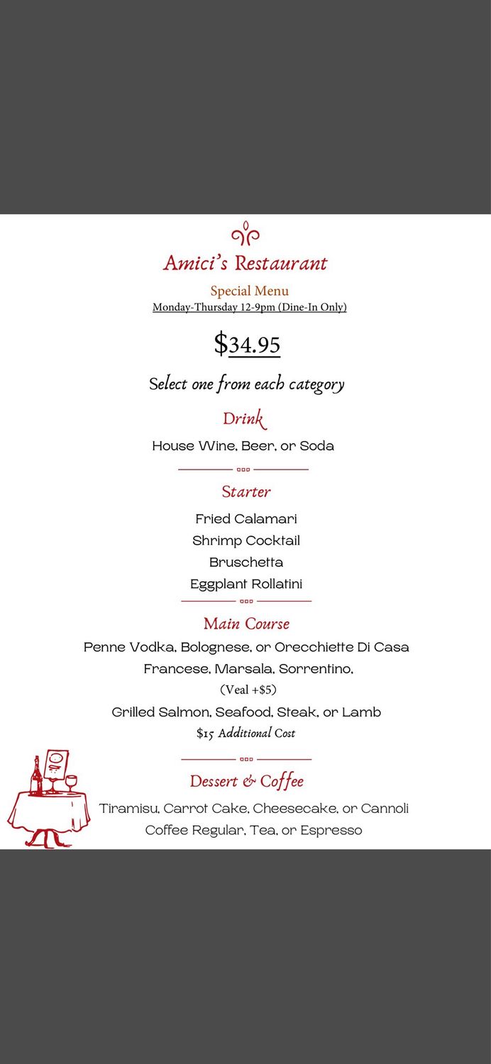 Weekday Special Menu (Dining Room Only)