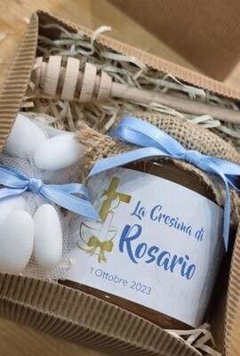 Bomboniera per qualsiasi evento personalizzata!! Scatola in cartone con Miele 400g., confetti e spargimiele