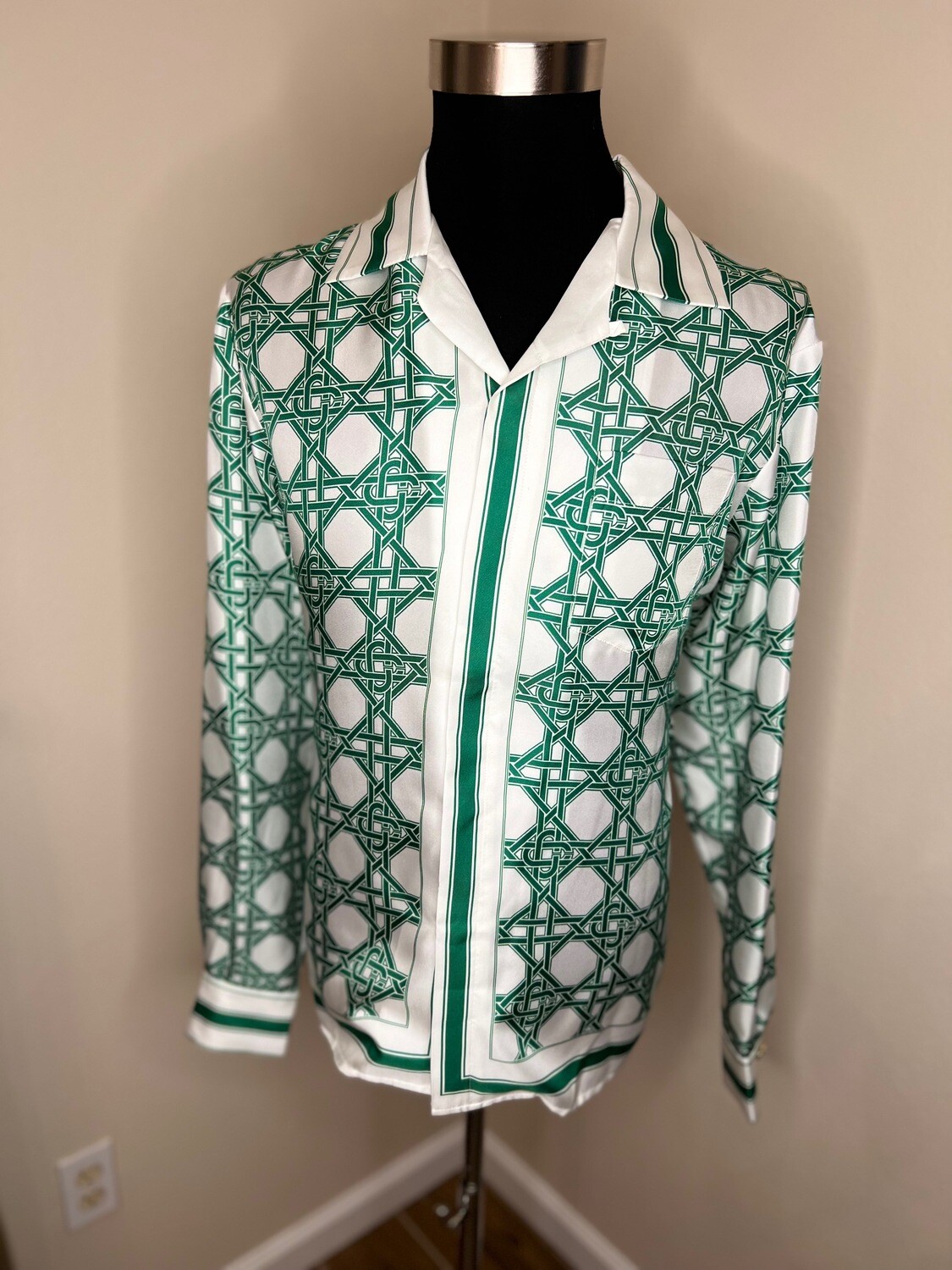 Men&#39;s Casablanca Green/White Silk Wicker Monogramme Shirt
