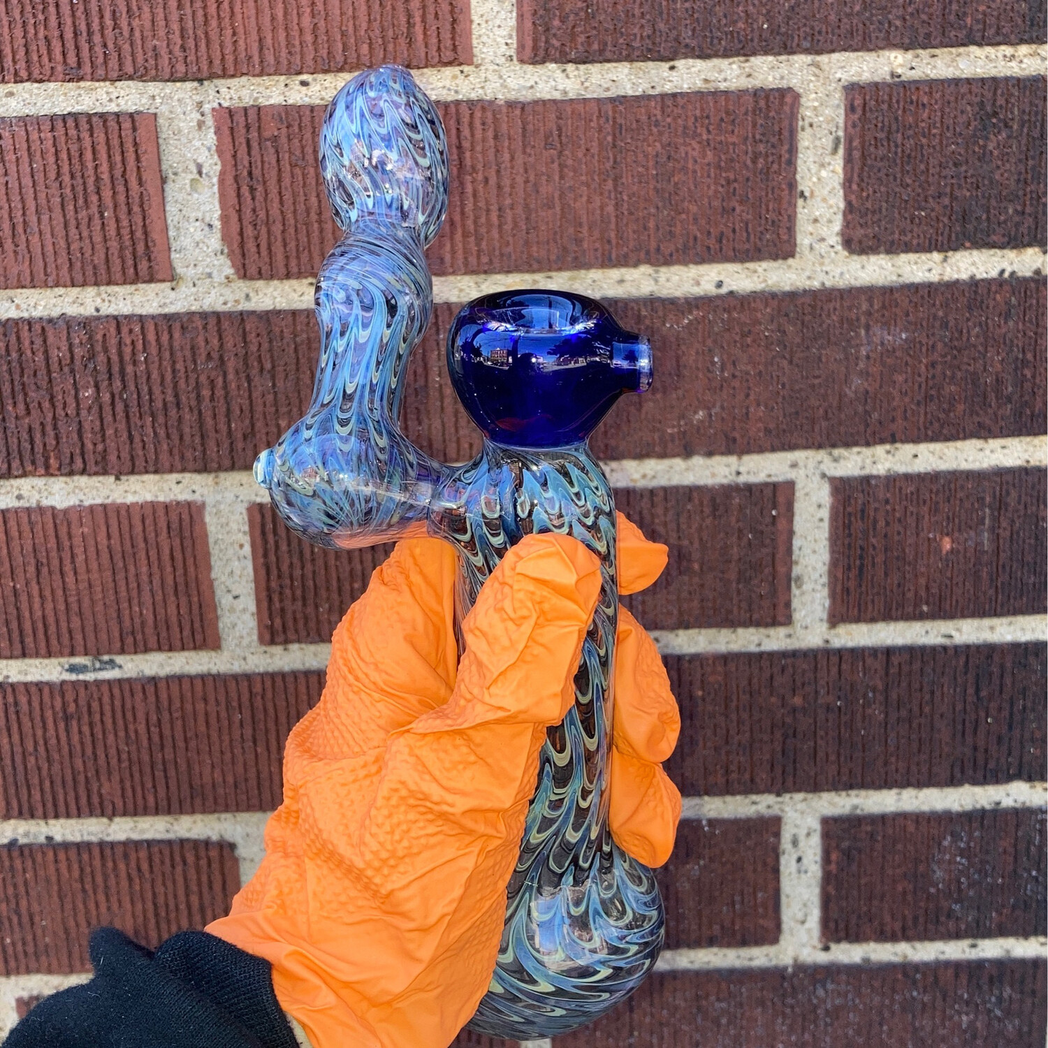 Blue Feathered Wrap And Rake Bubbler Pipe