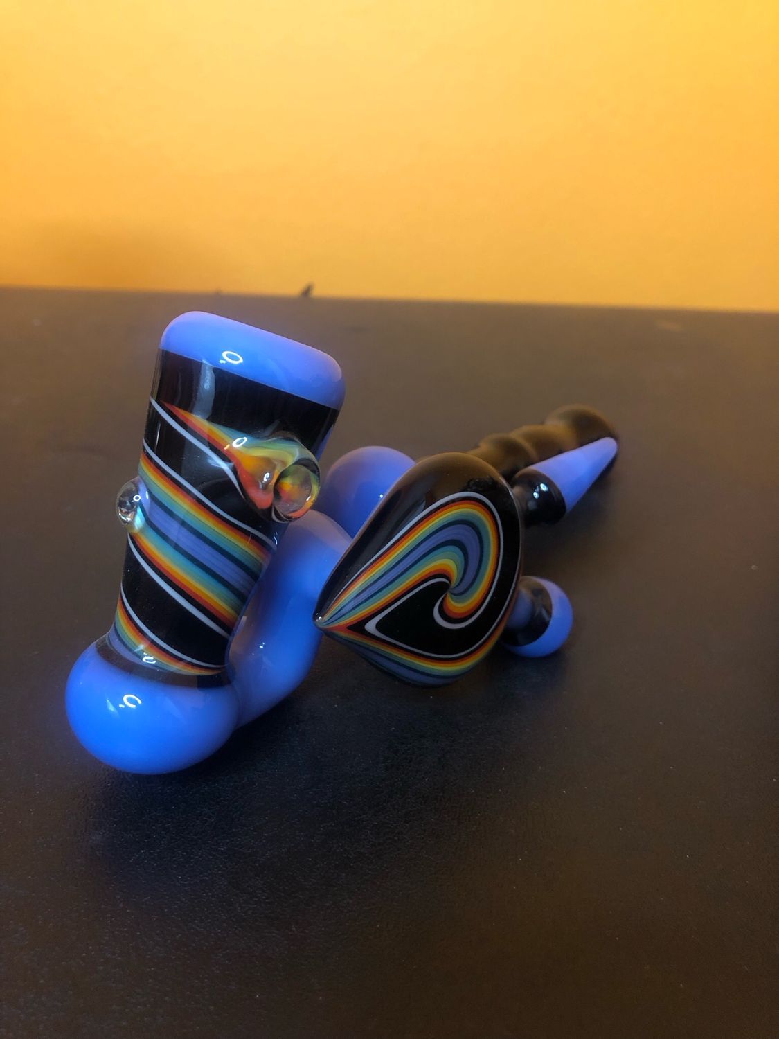 Blue And Rainbow Wigwag Glass Hand Pipe