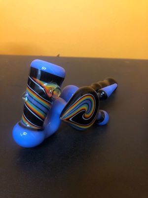 Blue And Rainbow Wigwag Glass Hand Pipe
