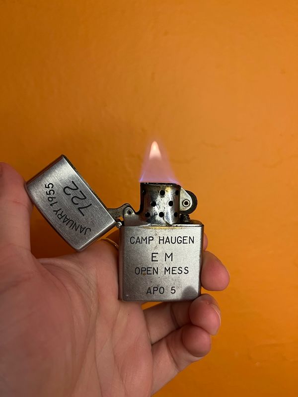 1955 722 Camp Haugen E M Open Mess APO 5 Longines Flip Top Lighter