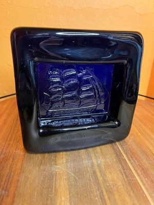 Colbalt Blue Raised Three Mast Sailing Ship Oversized Glass Ashtray