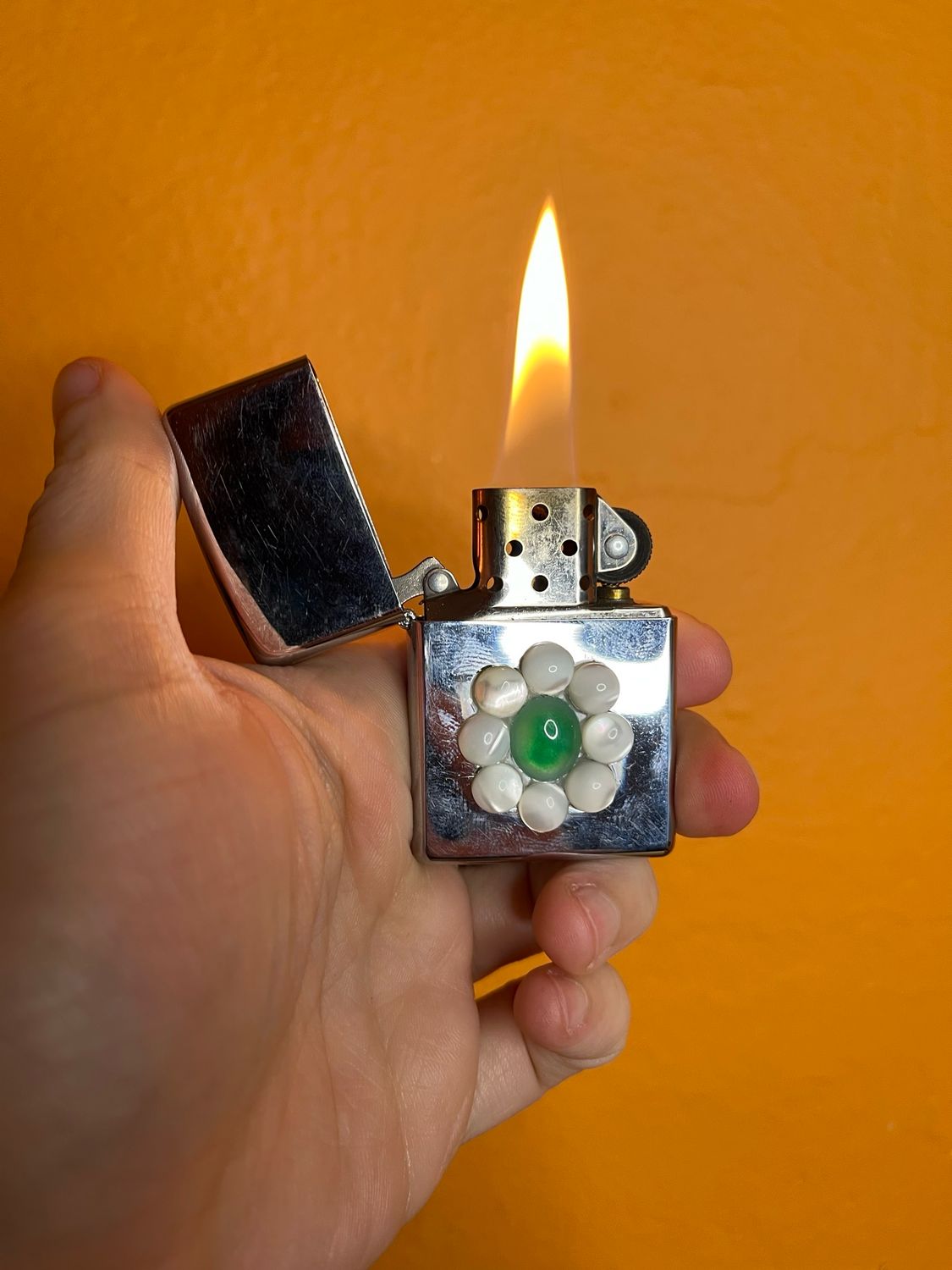 Rownin Collab — 2007 Customized Green Adventurine &amp; Shell Zippo Lighter