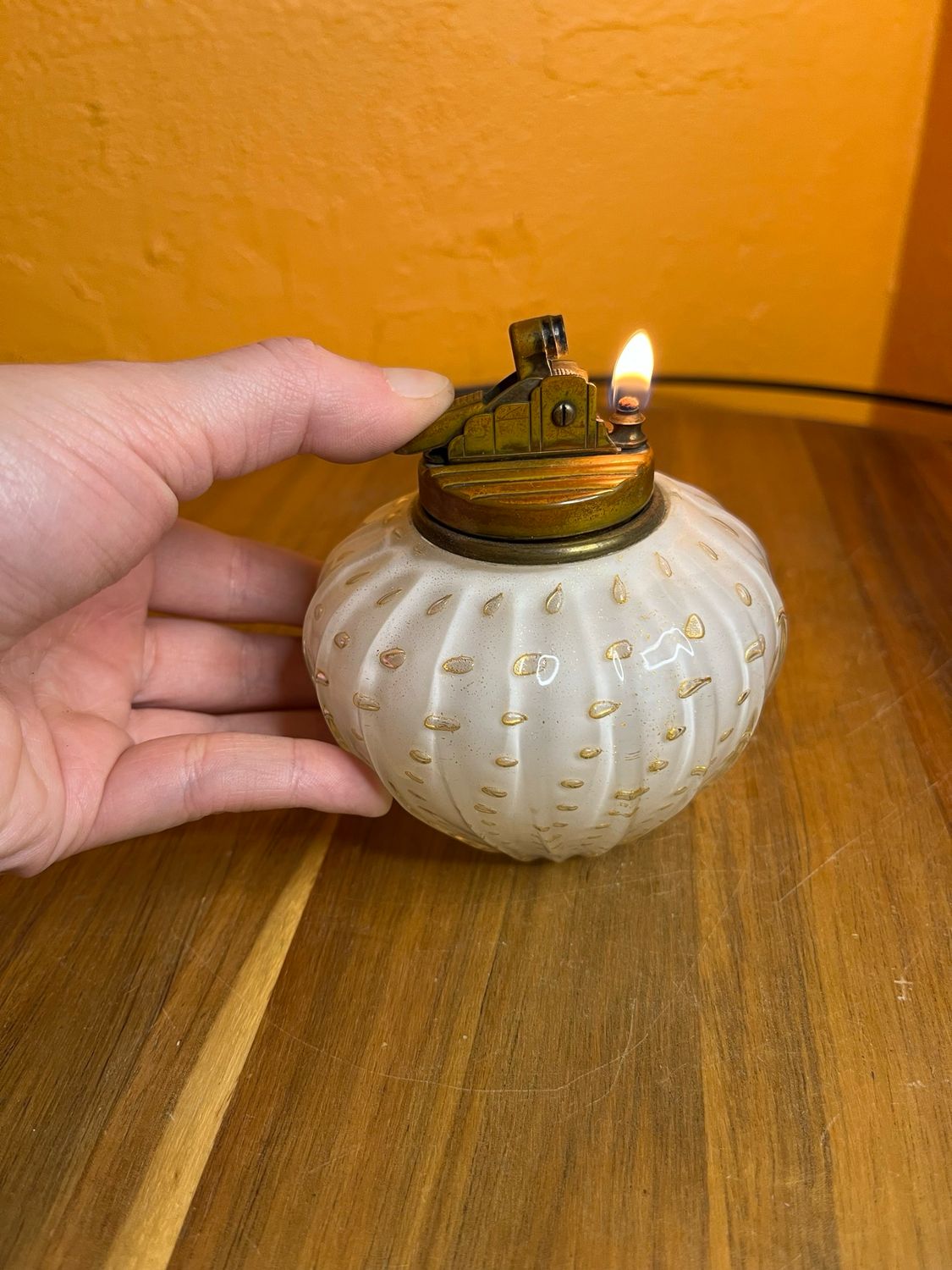 Gold Flecked White Glass Table Lighter