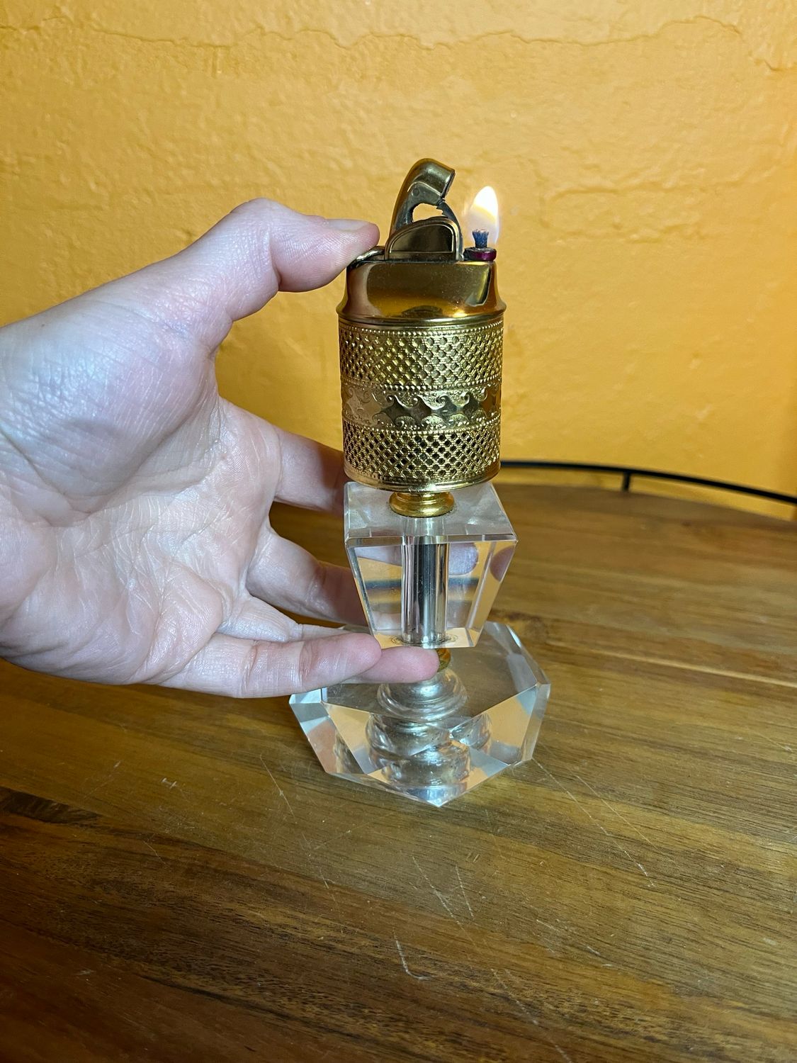 Cut Crystal &amp; Gold Filigree Table Lighter