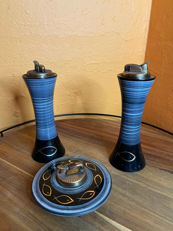 Evans Gilded Fish Black Table Lighter Set Of Three