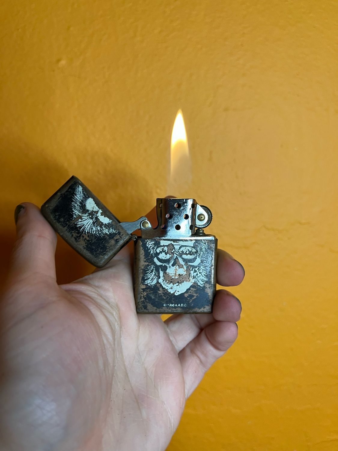 1990 Distressed Biker Skull Flip Top Lighter