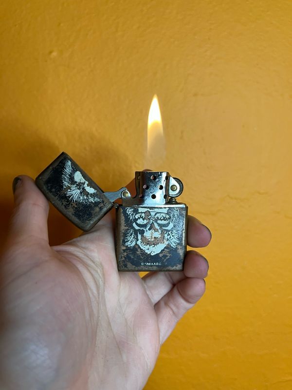 1990 Distressed Biker Skull Flip Top Lighter