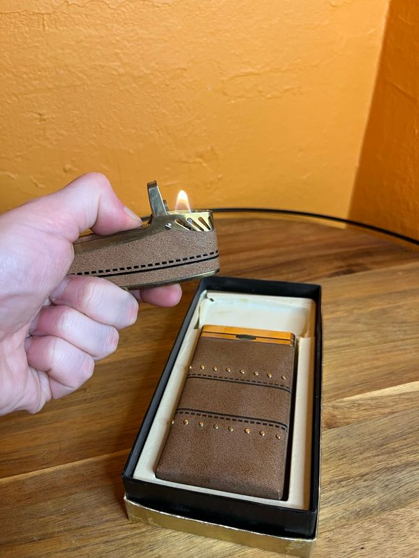 Brown Antique Leather Lighter Cigarette Carton Case Box Set