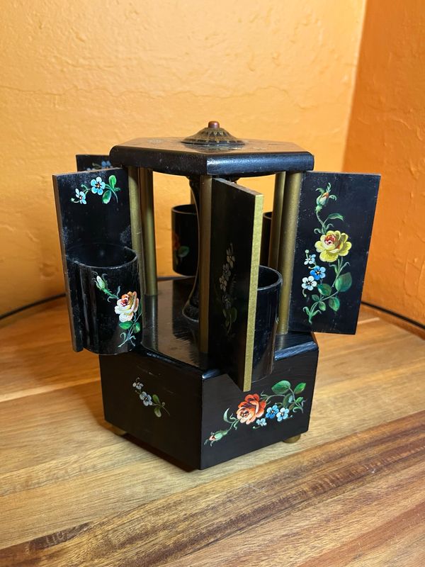 Handpainted Wooden Reuge-Style Cigarette Dispenser Swiss Or German Musical Carousel