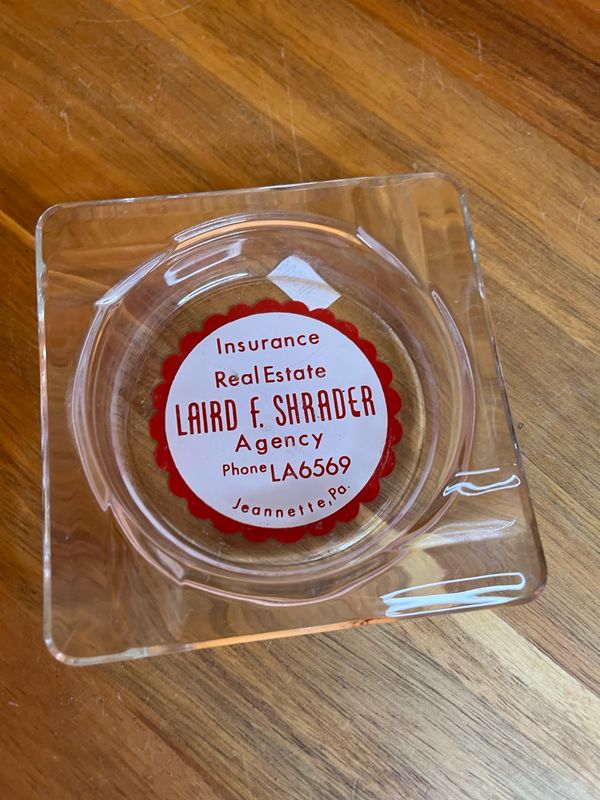Laird F Shrader Insurance Real Estate Agency Jeanette PA Glass Ashtray