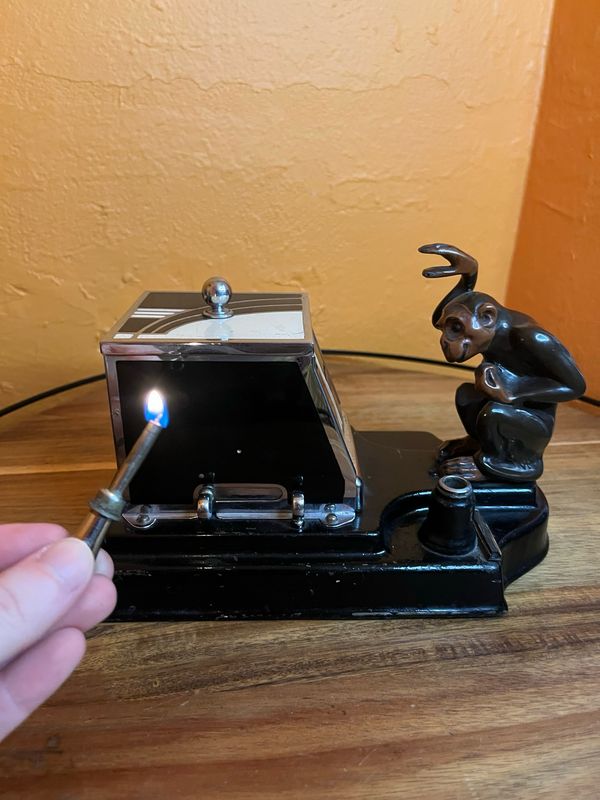 1930s Ronson Monkey Pik-a-Cig Cigarette Dispenser Striker Permanent Match Table Lighter