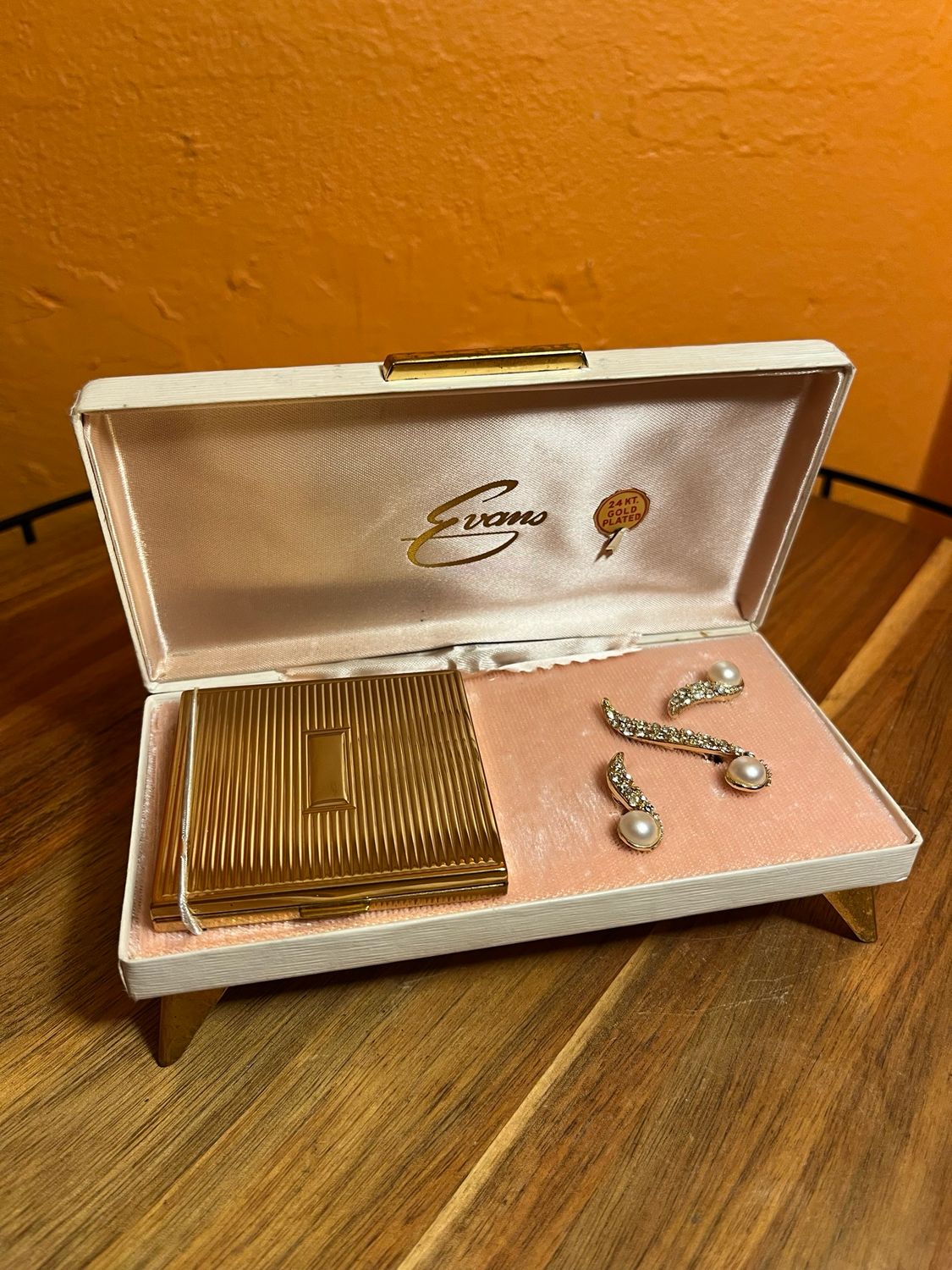 Evans 24K Gold Plated Compact Mirror Earrings Broach Box Set