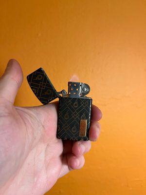 Curated Collection - 1997 Customized Black &amp; Gold Flame Logo Zippo Slim Lighter