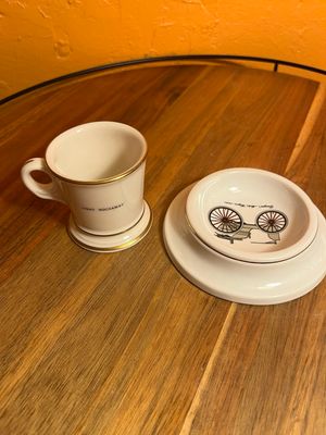 Light Rockaway &amp; Doryea’s Motor Wagon 1895 Match Holder Cup Ashtray Saucer Set