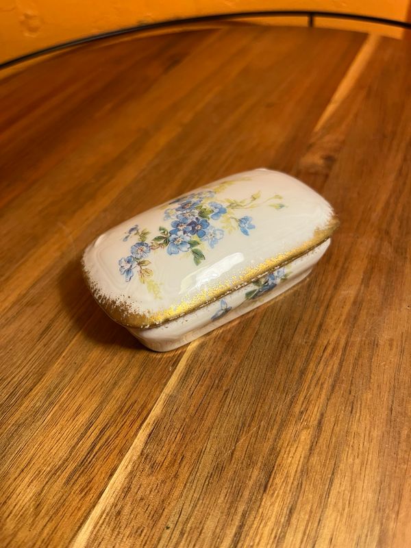 Limoges France Blue Forget Me Not Flower Ceramic Match Holder Box