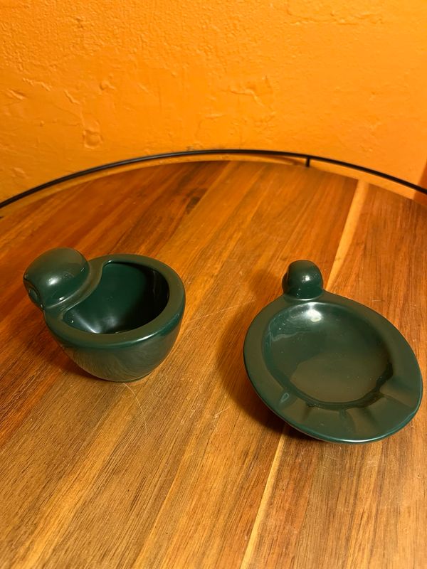 Green Ceramic Match Holder Cup Ashtray Saucer Set