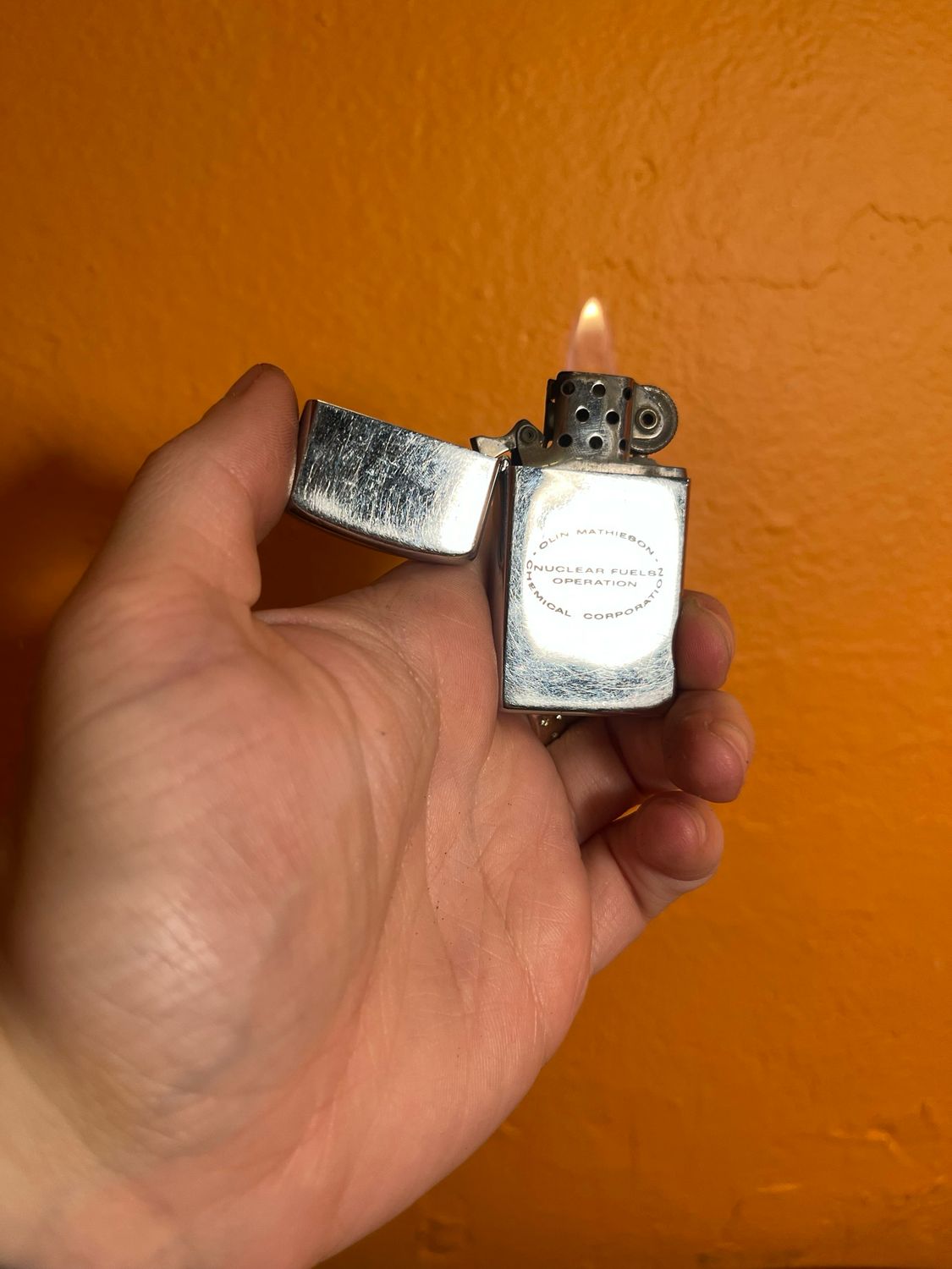 1960 Olin Mathieson Chemical Co Nuclear Fuels Zippo Slim Lighter