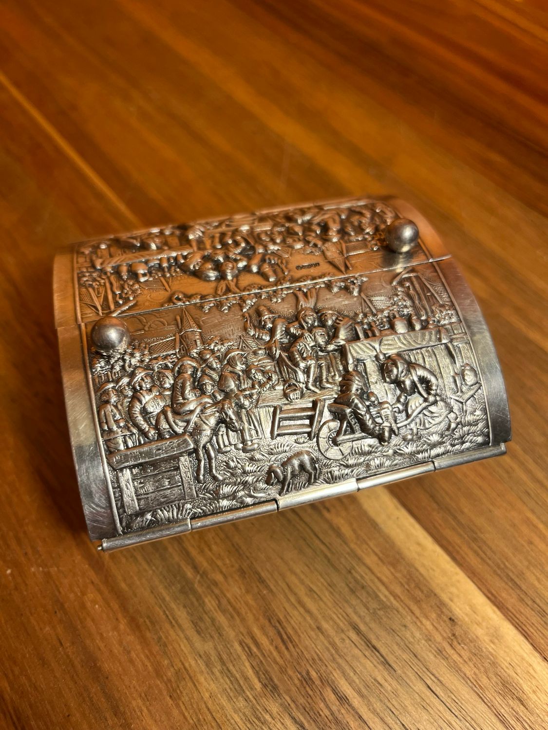 Herbert Hooikaas Dutch Historical Country Scene Floral Filigree Silver Plate Cigarette Box