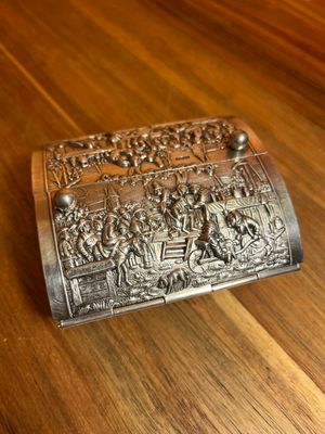 Herbert Hooikaas Dutch Historical Country Scene Floral Filigree Silver Plate Cigarette Box
