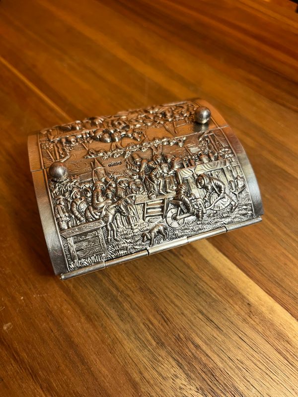 Herbert Hooikaas Dutch Historical Country Scene Floral Filigree Silver Plate Cigarette Box