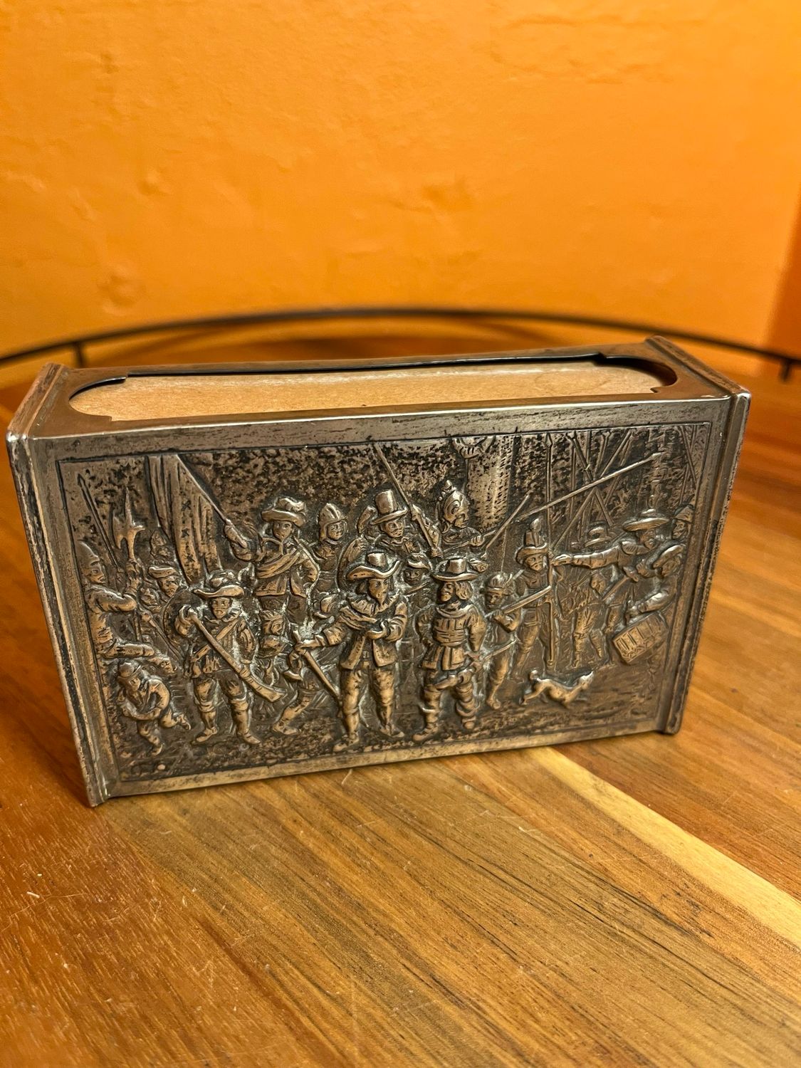 Probable Dutch 1930s Historical Scene Silver Oversized Matchbox Holder